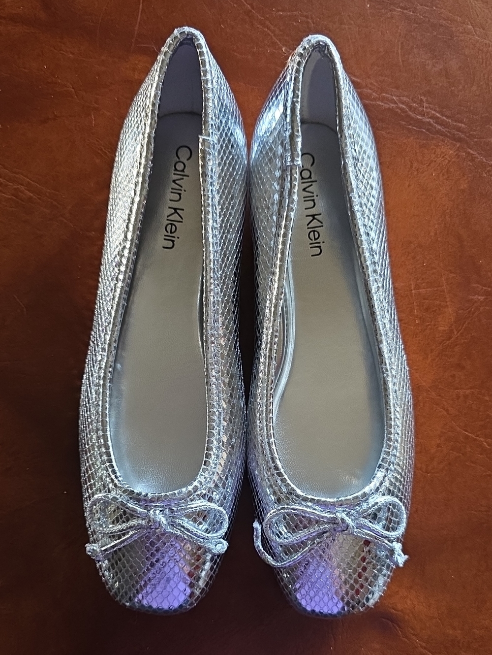 Calvin Klein Silver Metallic Snake-Embossed Ballet Flats